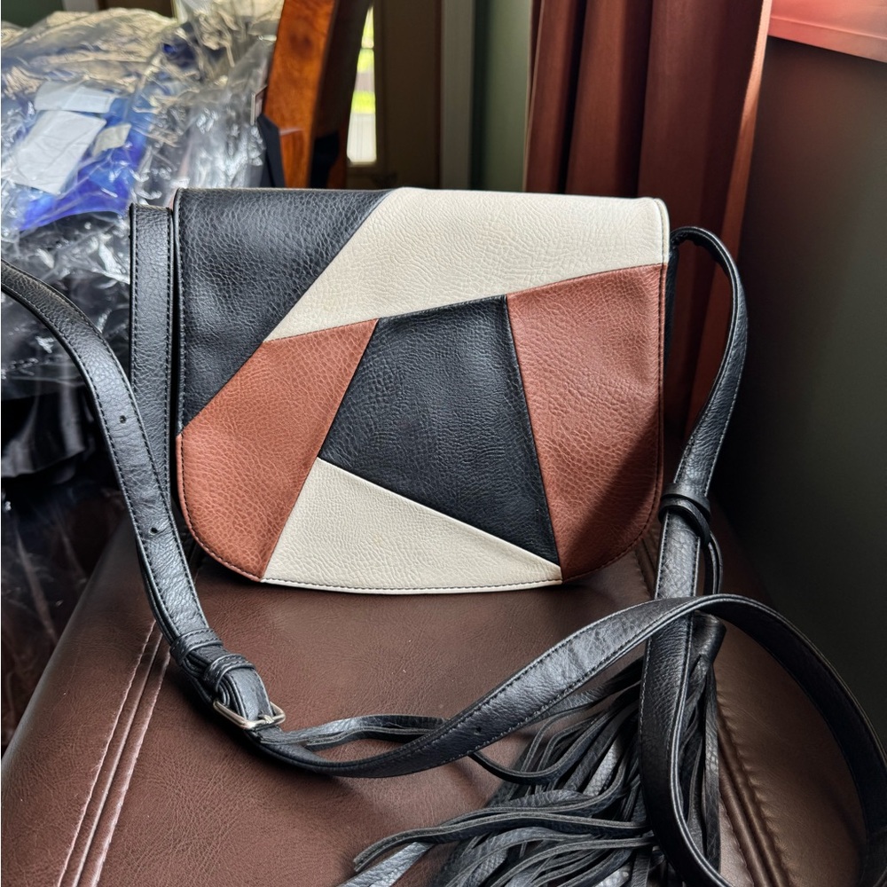 Geometric Black and Brown Leather Crossbody Messenger Shoulder Bag